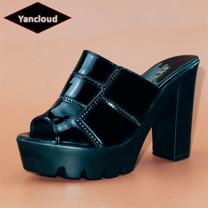

Plus Size 32-43 Chunky Platform Shoes Women's Block High Heels Shoes 2022 Summer Patent Leather Slides 13cm for Model Office