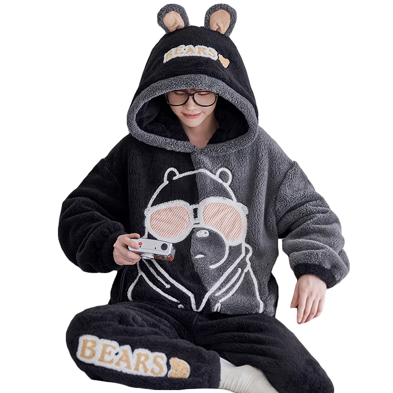 QUHENG Flannel Men's Pajamas Suit  2022 Autumn Winter Plus Size Nightgown Suit  Warm Bathrobe Coral Fleece Male Pajama Home Sets