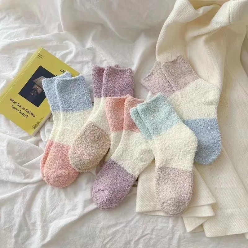 

Macaron countercolor plush socks coral velvet fall/winter thickened warm floor socks home sleeping socks for women moon socks