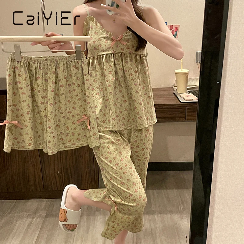 

CAIYIER 2022 Summer Flower Kawaii Sleepwear Lovely Female Nightwear Sleeveless Shorts + Pants 3 Piece Korean Pyjamas Loungewear