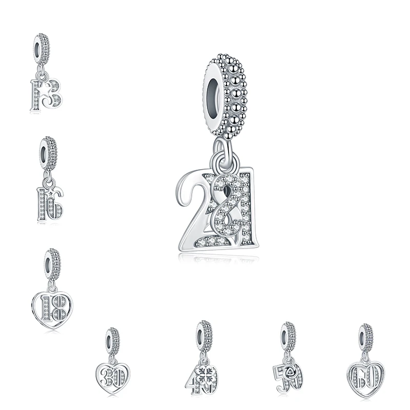 

Erizteya Number 13/16/18/21/30/40/50/60 CharmBeads Fit Original Charms Silver 925 Bracelet Accessories For Birthday Gift