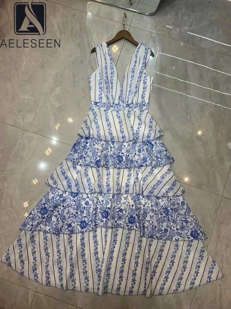 

AELESEEN мода взлетно-посадочной полосы 2022 летние каскадными оборками Вечерние Длинное платье для женщин с цветочным принтом без рукавов, цвет ...