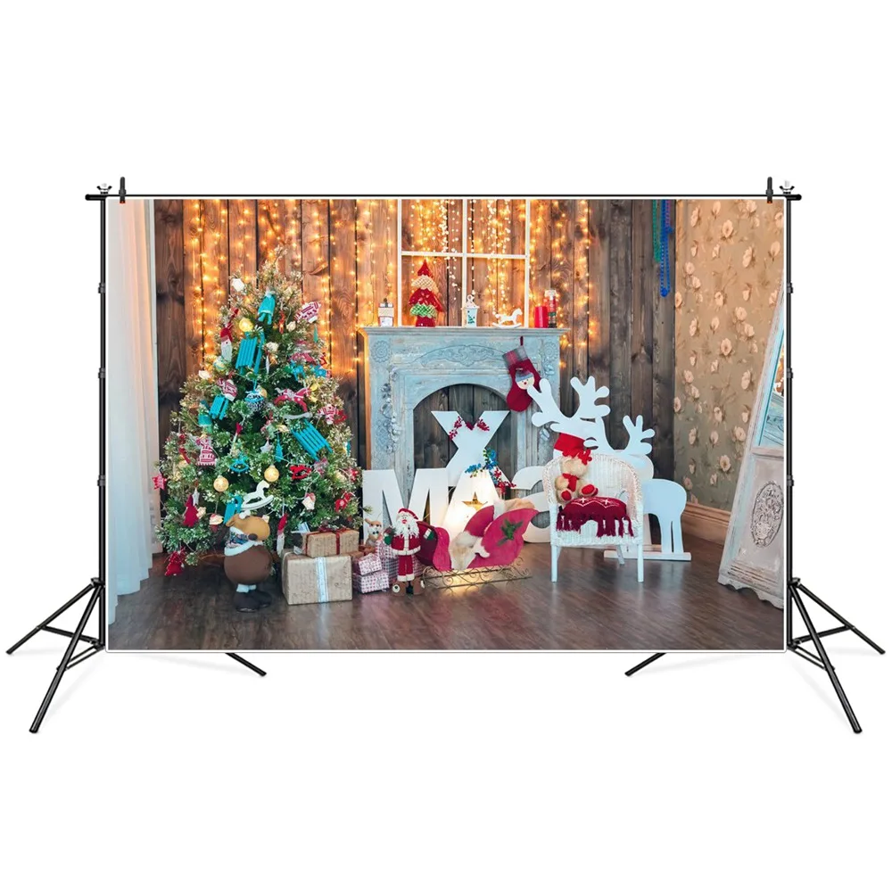 

Christmas Tree Gifts Fireplace Light Wooden Wall Room Photography Backdrops Custom Baby Party Decoration Photo Booth Backgrounds