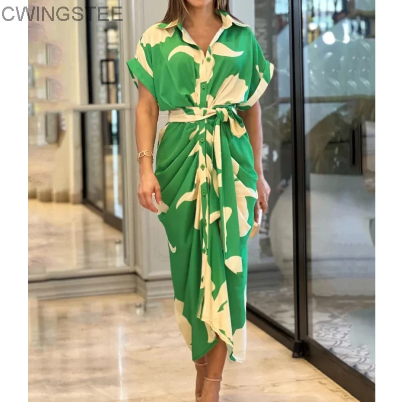 

2023 зеленое элегантное платье для женщин с принтом и лацканами, короткий рукав, пуговицы в один ряд, плиссированные дизайнерские платья-рубашки для женщин