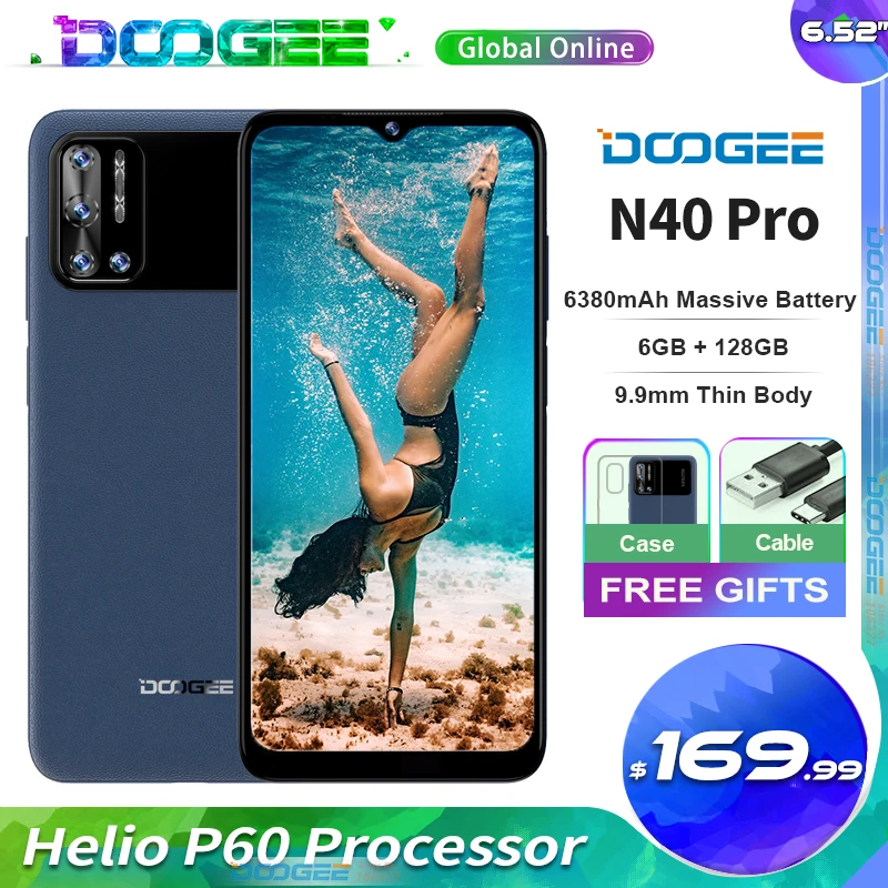 

DOOGEE N40 Pro Mobile Phone 6380mAh Battery 20MP Quad Rear Camera Helio P60 6GB+128GB 6.5" inch Cellphone 24W fast Charging