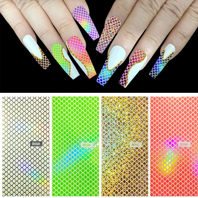 

1Sheet Nail Art Holographic Fish Scales Shaped Sticker Self-Adhesive 12 Colors Nail Foil Decals Manicure Laser Sticker Decals