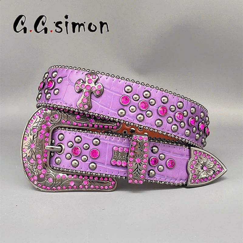 GGSIMON Purple Rhinestone Belts For Women Fashion Western Cowboy Cowgirl Cinturones Para Hombre Casual Pin Buckle Shiny Y2K Belt