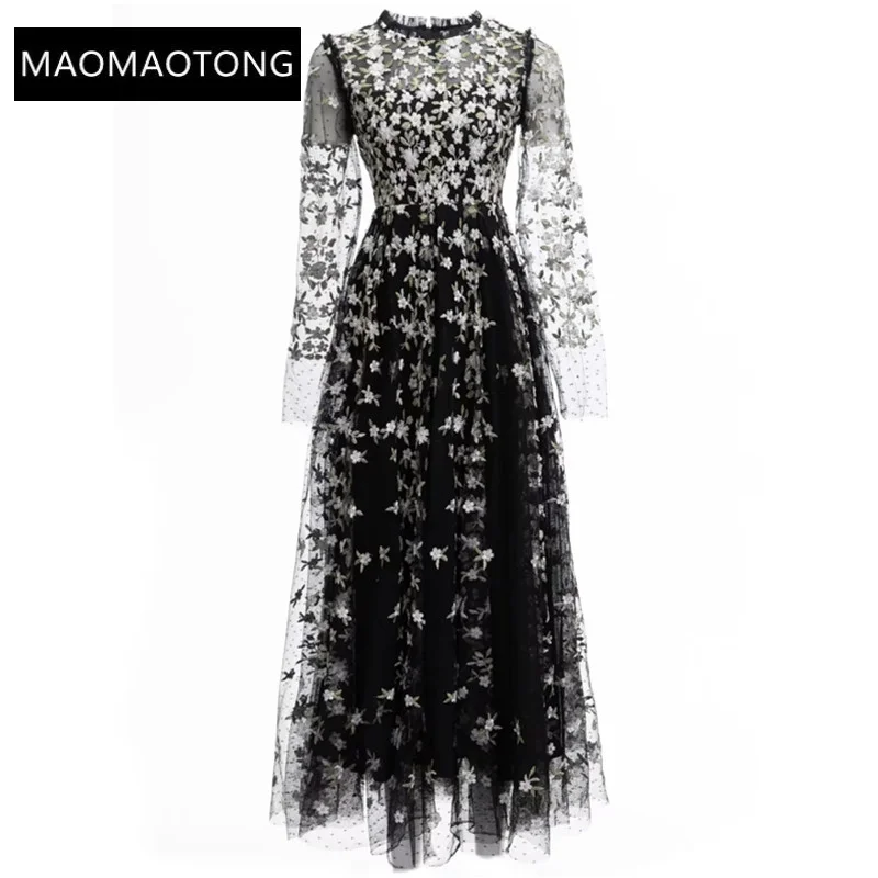 

Женское винтажное длинное платье, элегантное Сетчатое праздничное платье с круглым вырезом и длинным рукавом, с цветочной вышивкой, осень ...