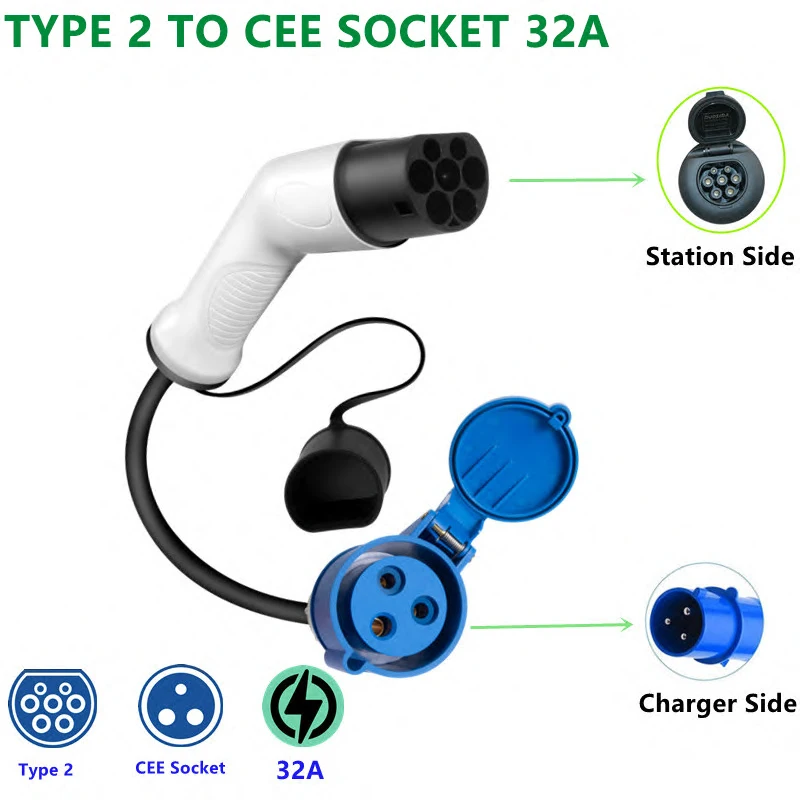 Duosida electrical car 32A Type 2 charging side plug to CEE schuko socket charging adapter EV Charger Connector With Cable J1772