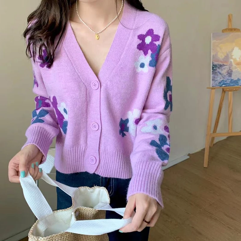 

2023 V-neck Knitted Cardigan Women Sweater Preppy Style Loose Long Sleeve Coat Autumn and Winter Printed Short Sweater Top 28590