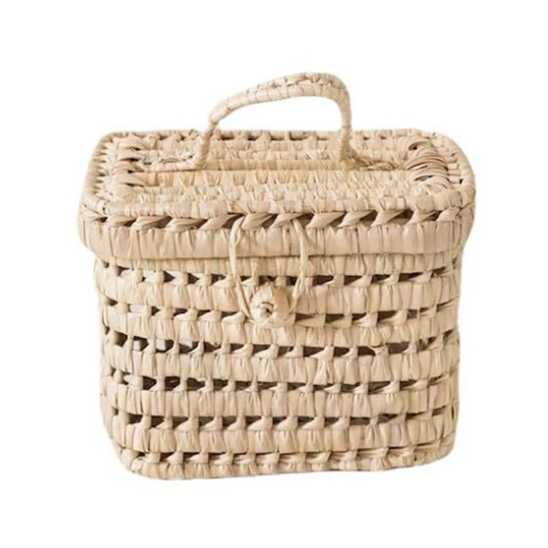 

With Lid Straw Woven Storage Basket For Toys Living Room For Kids Basket Outdoor Snacks Picnic Storage Decorative
