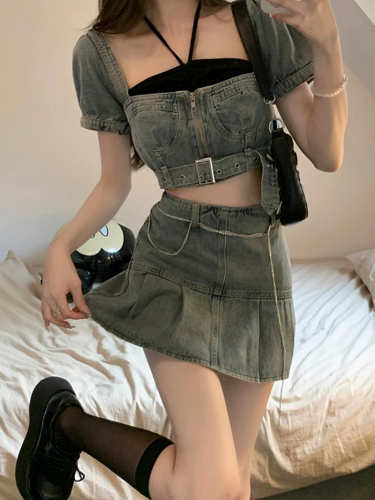 

Denim Skirt Set Ladies Sweet Cool Halter Neck Strap Tube Top Short Slim Top High Waist Pleated A-line Skirt Hot Girl 3pc Suit