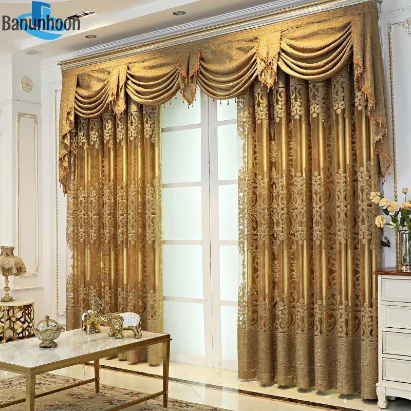 

European Style Window Screen Blackout Curtains for Living Room Balcony Villa Golden Tulle Curtain Head Valance in Bedroom