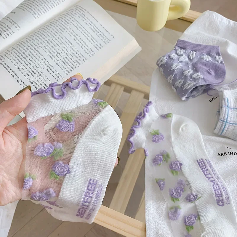 

Весенне-летние новые женские носки, японская модель, сетчатые дышащие милые женские носки с вырезами в виде фиолетовых роз
