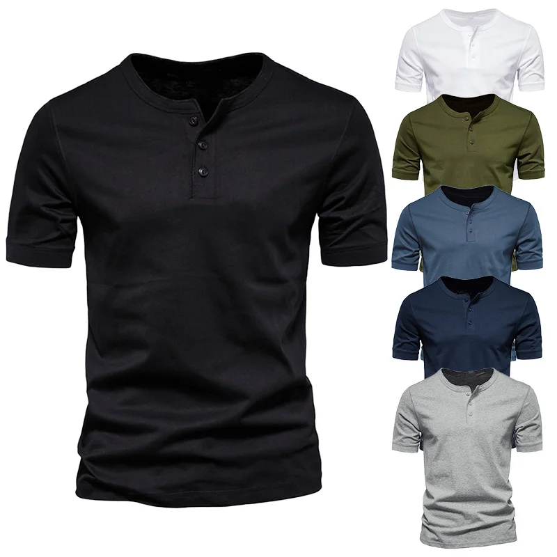 

New Cotton Henley Collar T Shirt Men Casual High Quality Summer Short Sleeve Mens T Shirts Fashion Basic T-shirt Male