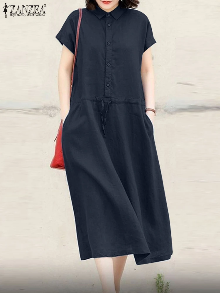 

ZANZEA Fashion Summer Short Sleeve Solid Shirt Dress Women Casual Work Midi Sundress Elegant Lapel Neck Drawstring Waist Vestido