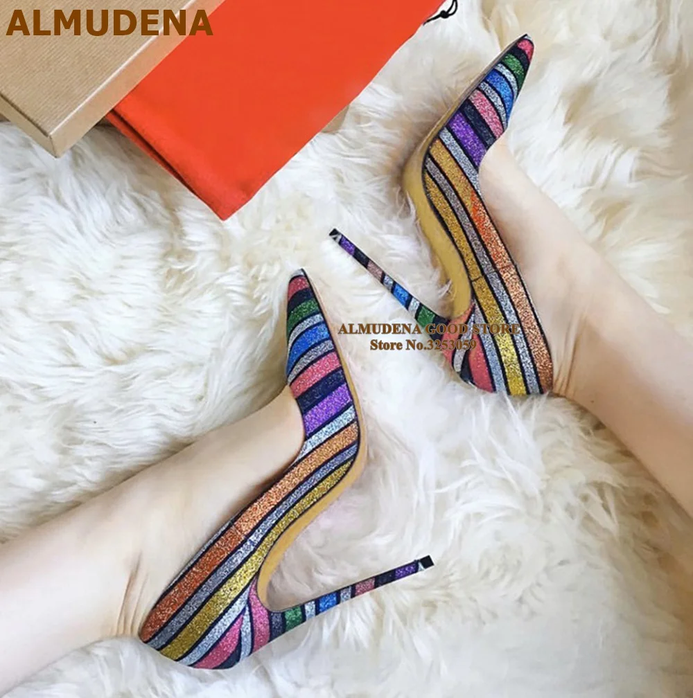 ALMUDENA Multi-Color Sequined High Heel Pumps Colorful Rainbow Stripe Bling Bling Dress Shoes Stiletto Heels Bling Bling Pumps
