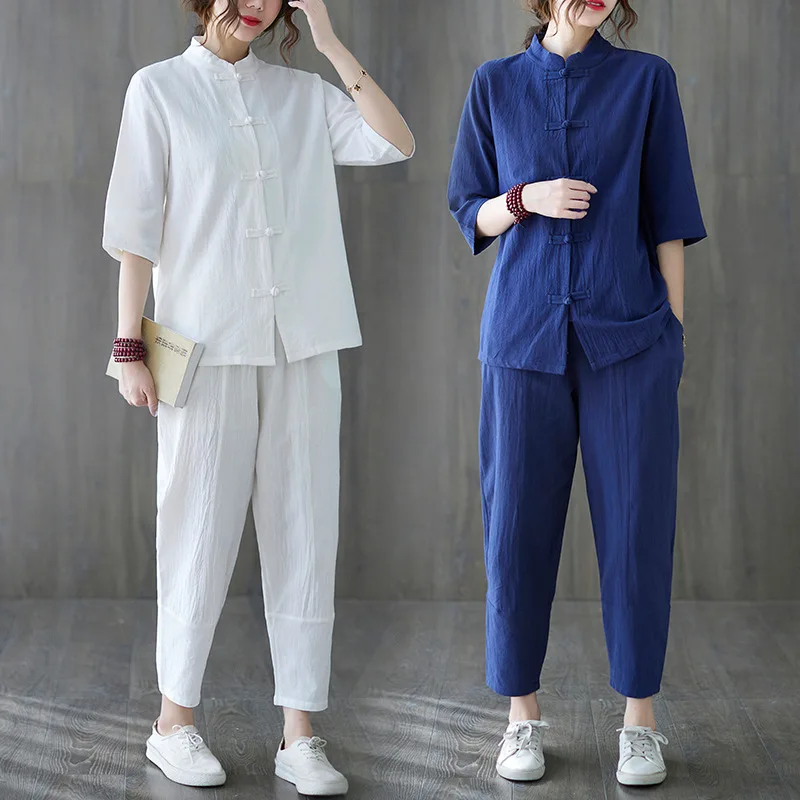 

Комплект женский хлопковый для йоги и боевых искусств тайчи, традиционный китайский Свободный Повседневный тренировочный комплект для спортзала и медитации, спортивный костюм, наряды