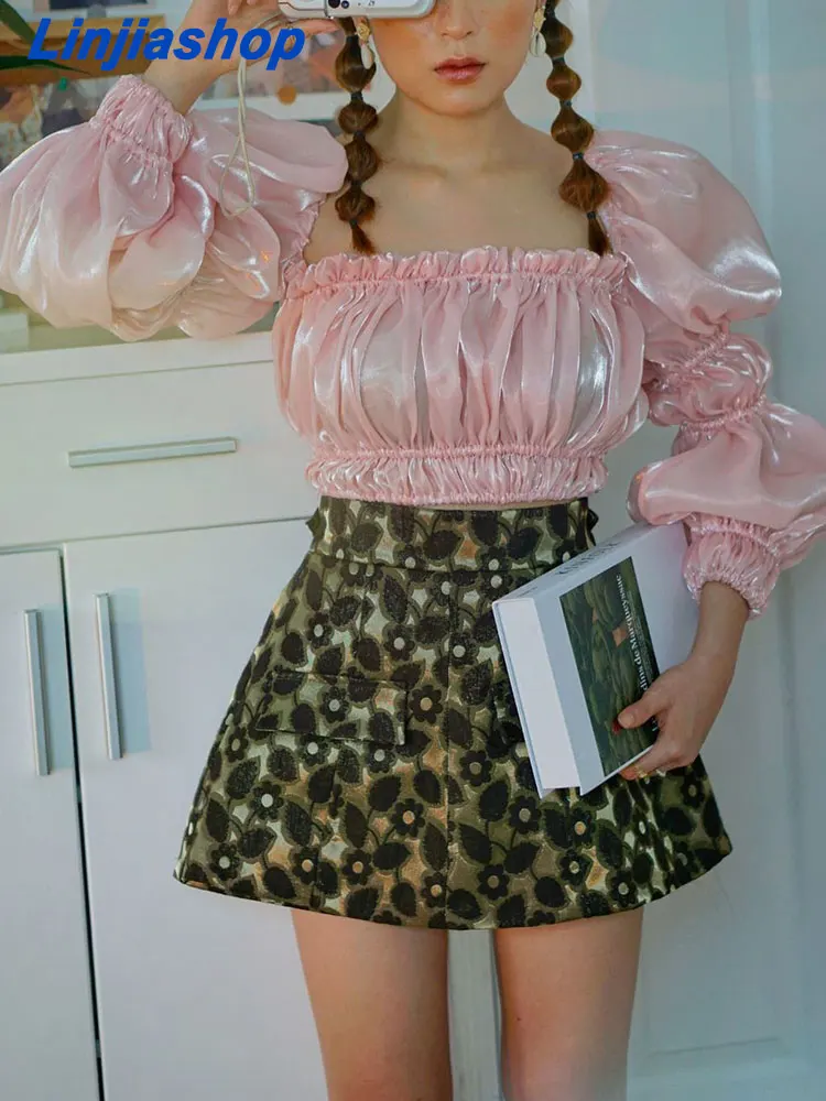 

Summer women fashion women solid square neck crop top vintage lantern sleeve dropped slim short blouse summer top 22613