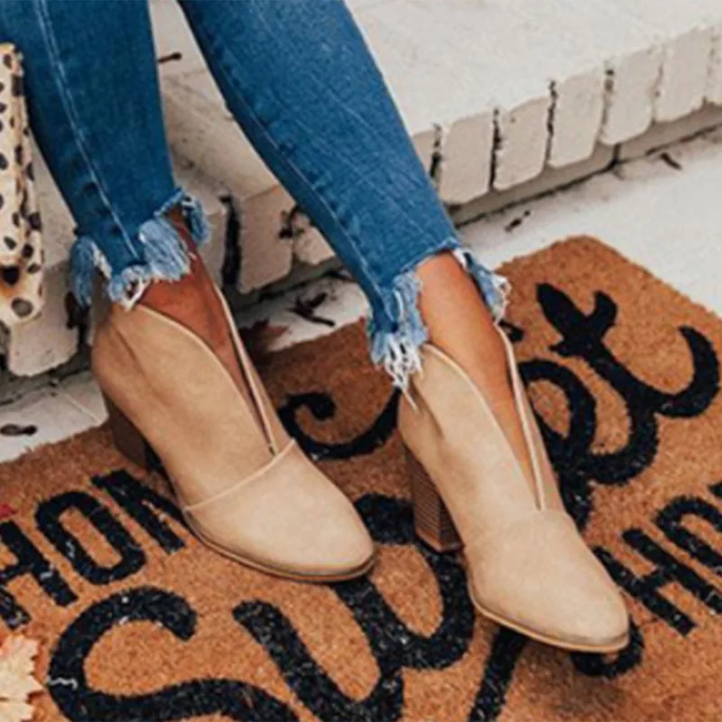 

Winter Women Boots V Cutout Ankle Boots Stacked Heel Booties 2022 Fahsion Chelsea Boots PU Botas Zapatos Mujer Plus Size 35-43