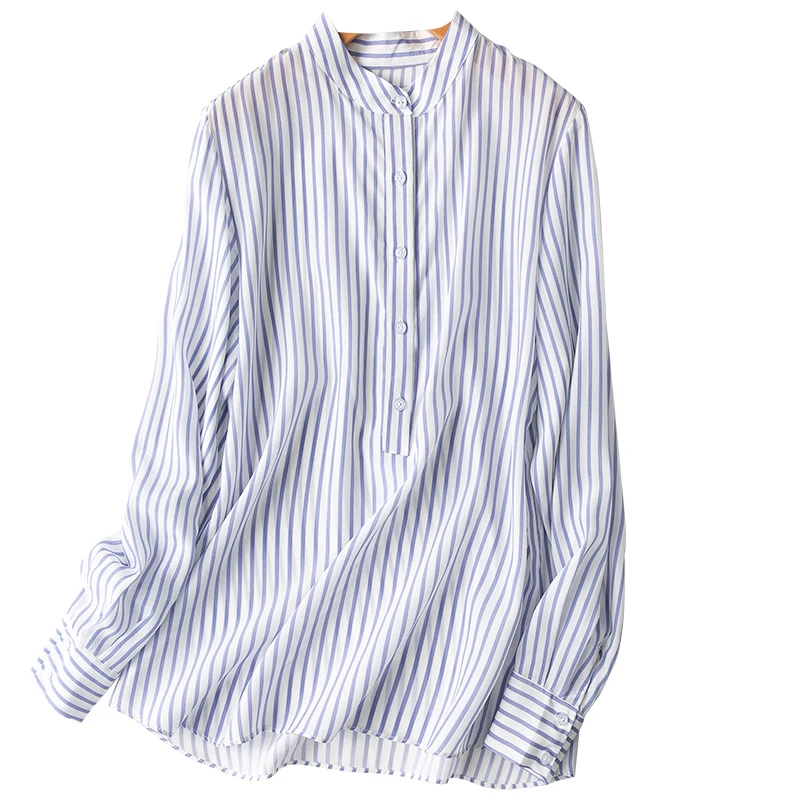 

Natural Silk New 2022 Summer Thin High Quality Normcore/Minimalist Striped MANDARIN COLLAR Blouses for Women Button Up