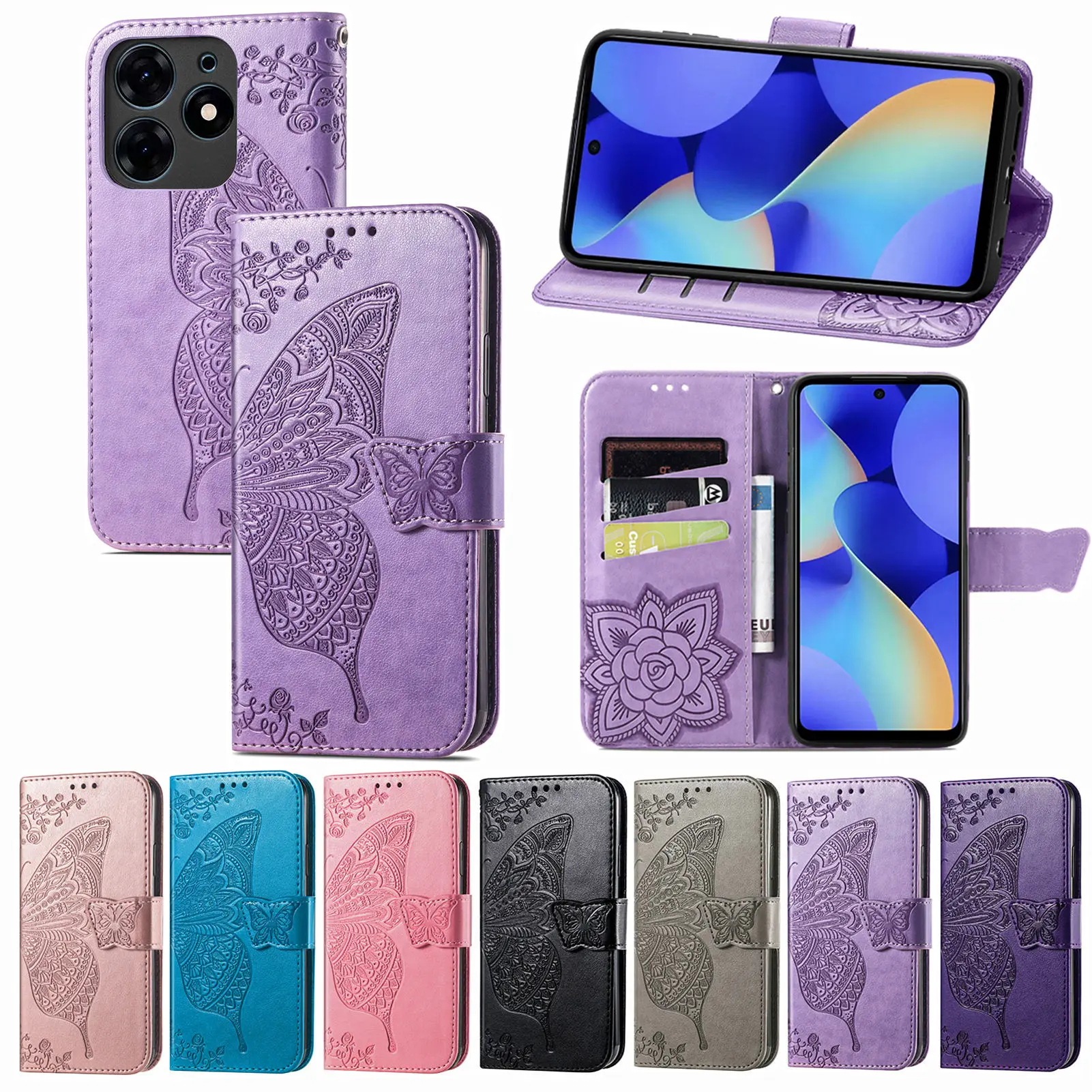 

For Tecno Spark 8C 10 Pro Case Wallet Insert Card Pouch Butterfly Embossed Leather Cover For Tecno Pova 4 3 Neo 2 Pop 5 Camon 18