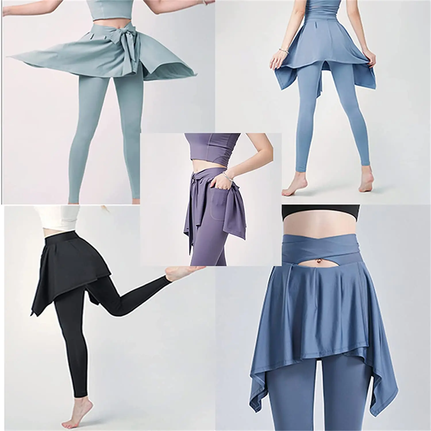 2 In 1 Piece Build-in Skirted Long Leggings,Adjustable Running Culottes with Pockets,Hip Lift Tight Leggings with Skirt Sexy