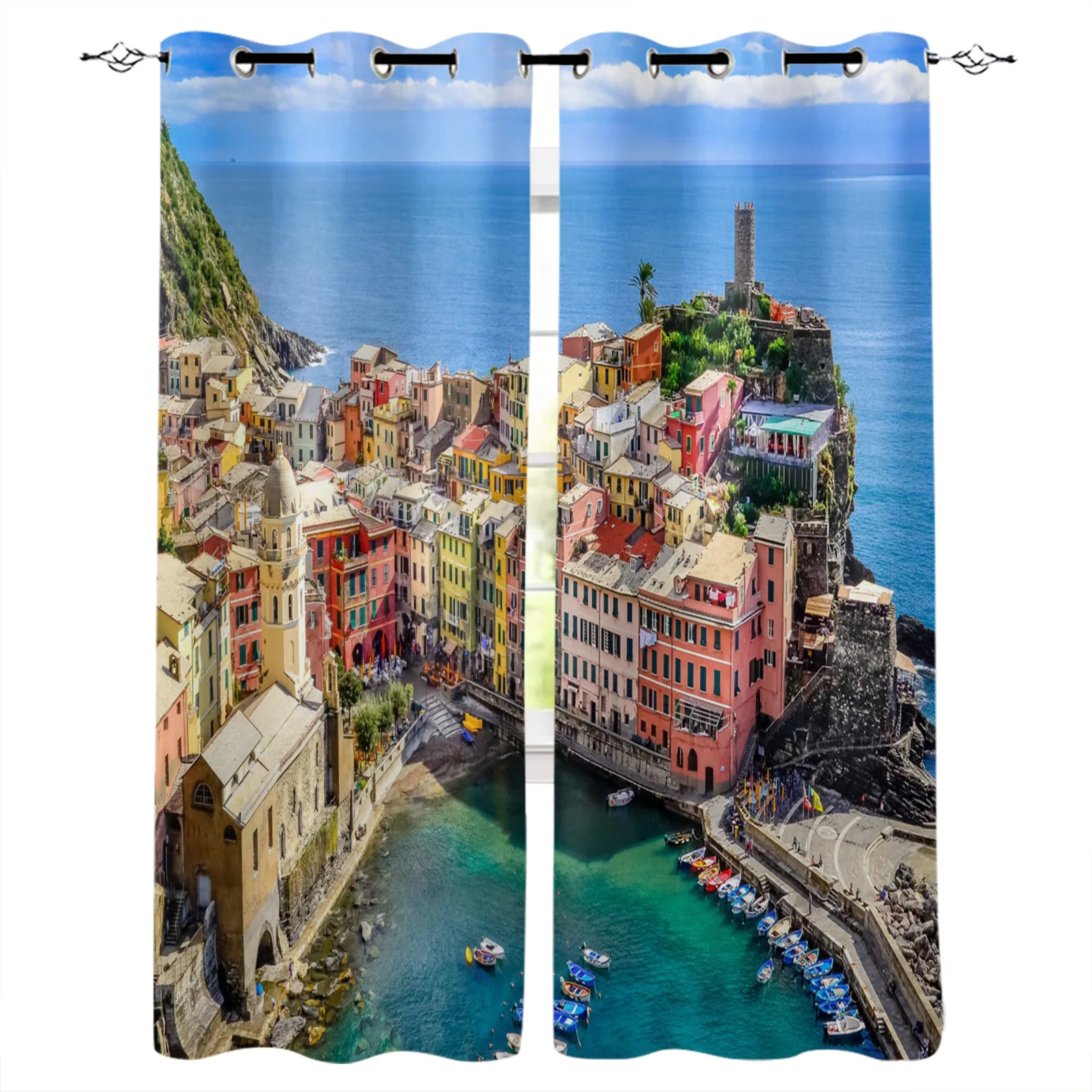 

Italy Fishing Village Sea House Landscape Curtains For Living Room Window Curtain For Bedroom Modern Interior Home Decoration