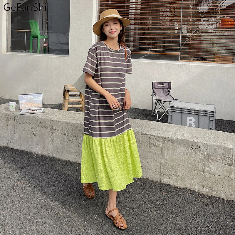

2022 New Streetwear Summer O-Neck Elegant Short Sleeve Robe Dress Vintage Striped Patchwork Casual Loose Fashion Women Dresses