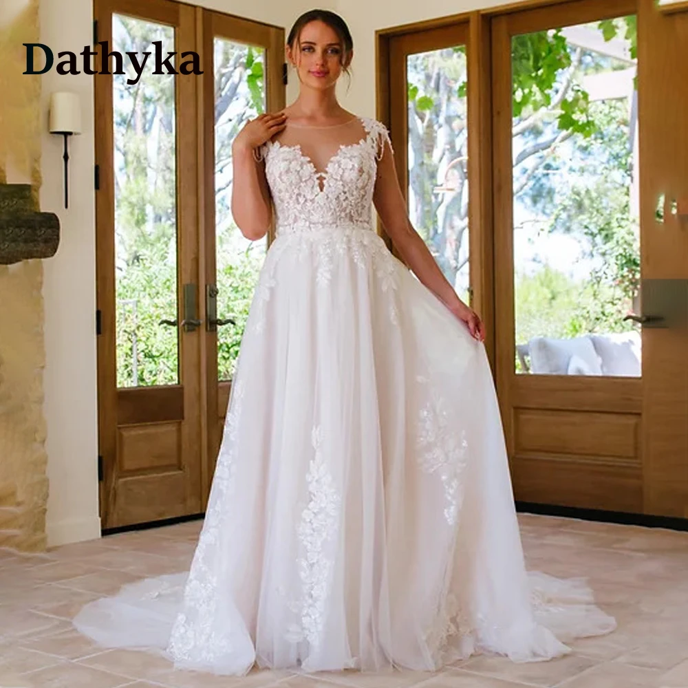 

Dathyka Elegant Chiffon Scoop Wedding Gowns For 2023 Bride Illusion Appliques Sweep Train Sleeveless Robe De Soirée De Mariage