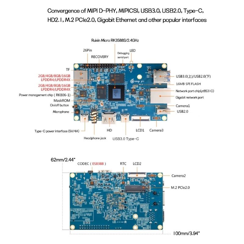 634A for Orange Pi 5 Development Board with RK3588S 8-core 64-bit Processor Supports Android12 Debian11 Computer Motherboard