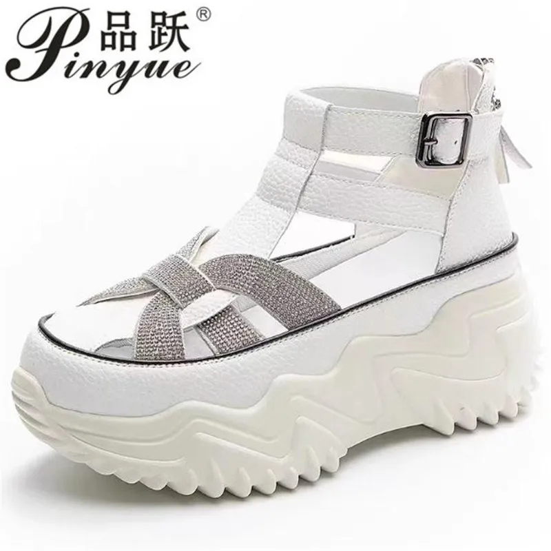 

6CM Heels Women Gothic Thick Bottom Wedge Sandals Hollow Out Gladiator Sneakers Woman Punk Leather Chunky Platform Sandals