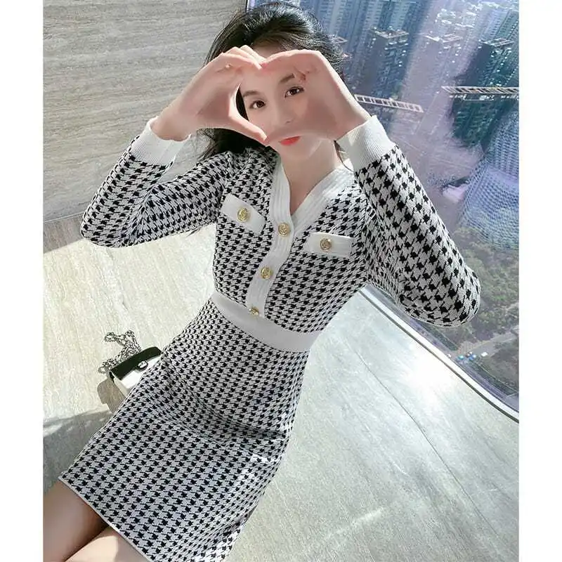 

New Fashion Houndstooth Summer Dress for Women Long Sleeve Small Fragrance Temperament V-Neck Knitting Dresses Vestidos R26