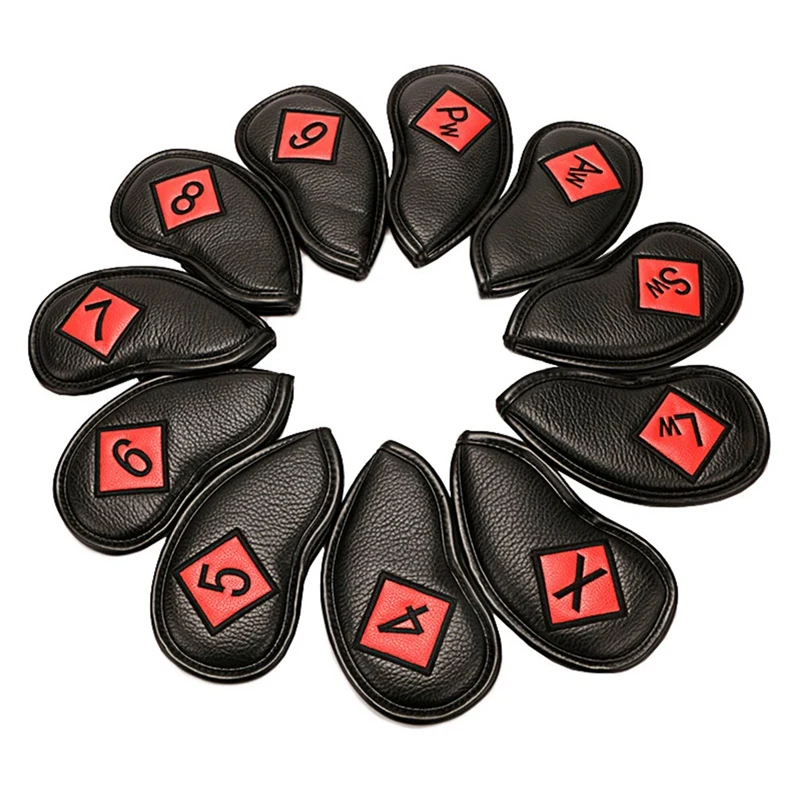 

1 Set 11 Golf Iron Cover Waterproof PU Leather Check Club Cap Golf Club Head Protection Cover