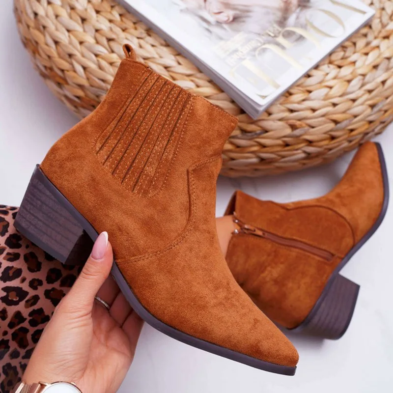 

Женские ботинки челси с острым носком, замшевые ковбойские ботильоны из коровьей кожи в западном стиле, женская обувь, повседневные ковбойс...