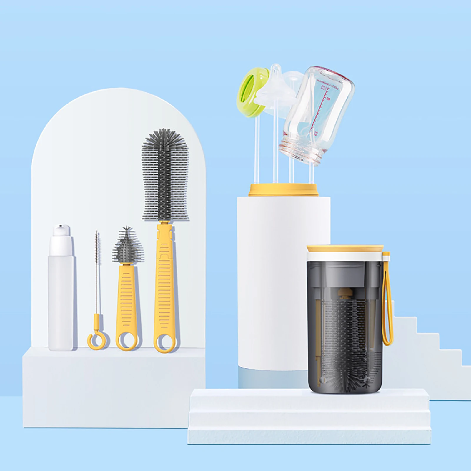 Bottle Cleaner Set Baby Travel Baby Bottle Brush Kit Multifunctional Drying Rack With Nipple Brush Soap Dispenser Container