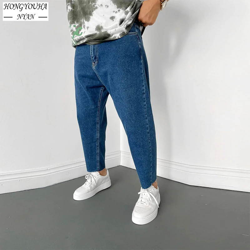 2022 New Mens Simple Design Baggy Pants Korean Streetwear Straight Leg Jeans Fashion For Men Blue High Quality Casual Denim Pant
