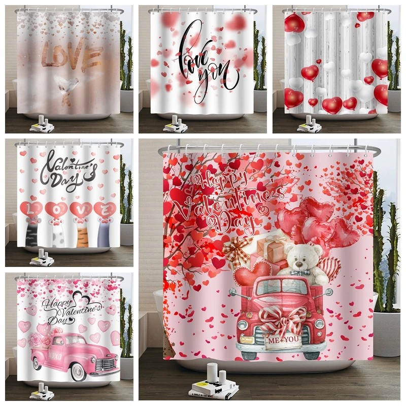 

Happy Valentines Day Shower Curtains Bathroom Curtain Red Wine Balloon Bathtub Screen Waterproof Fabric Polyester Bathing Cover