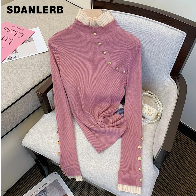 

European Station 2021 Autumn and Winter New Fashion Turtleneck Sweater Women's Button Slim Outer Wear Knitted Bottoming Shirt