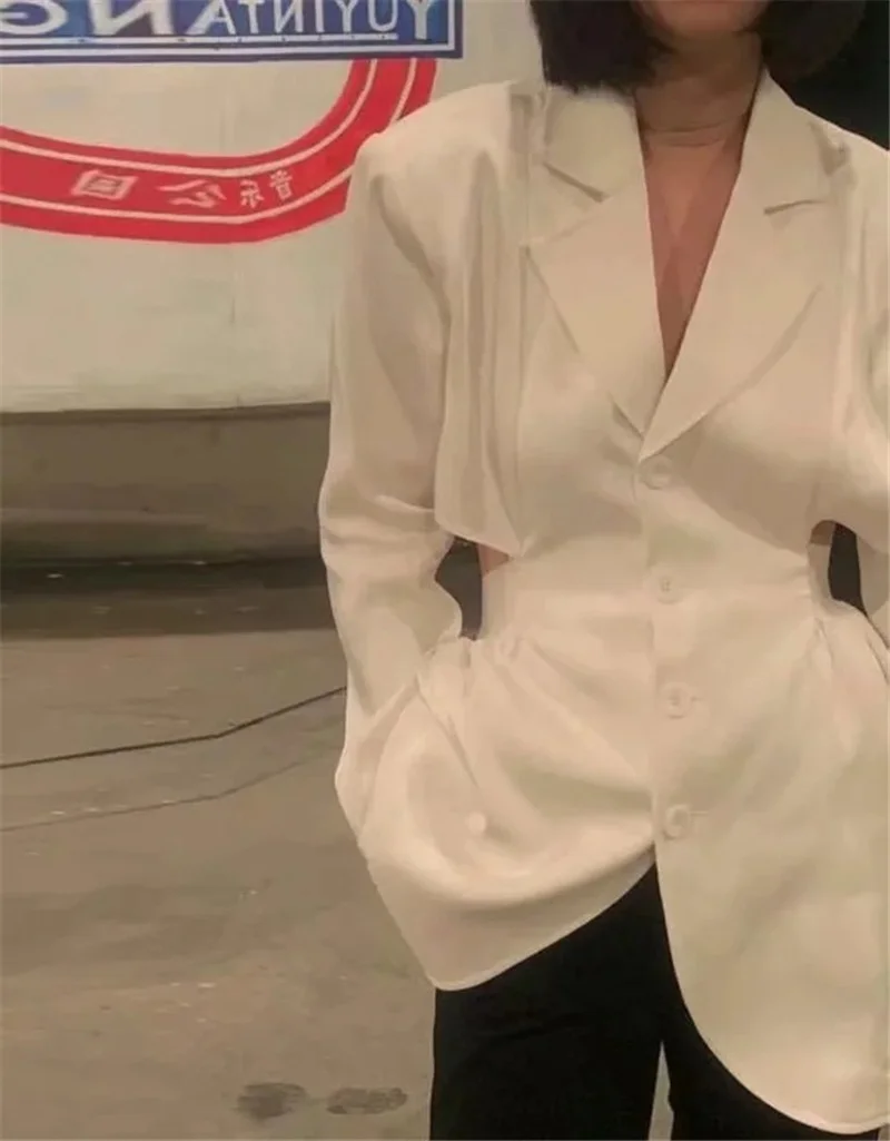 Show Waist Fake Two Piece Blazer Suit Women Sweet Sexy Fashion Mid Length Blazer Single Breasted Solid Colors High Waist Suit