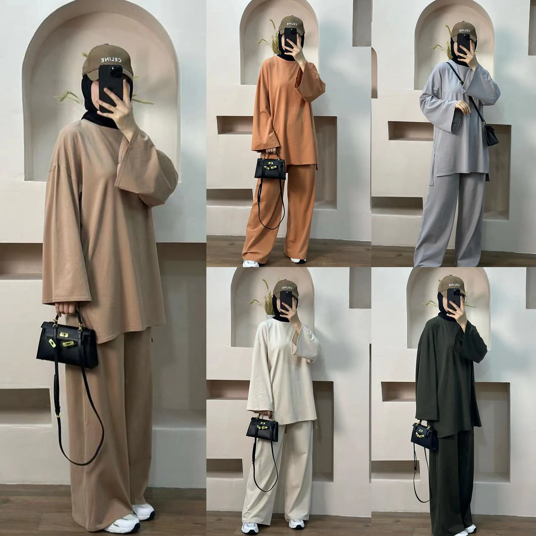 Мусульманские комплекты для Ид женщин повседневные однотонные топы брюки