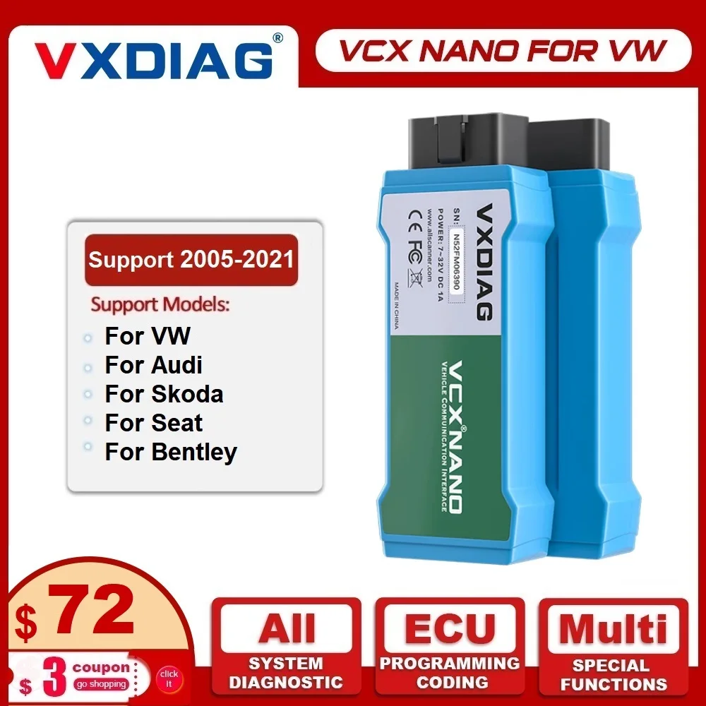 

VXDIAG VCX NANO For VW OBD2 Car Diagnostic Tool For Audi WIFI/USB Code Scanner 30+ Serve ECU Programming Support J2534 Protocol