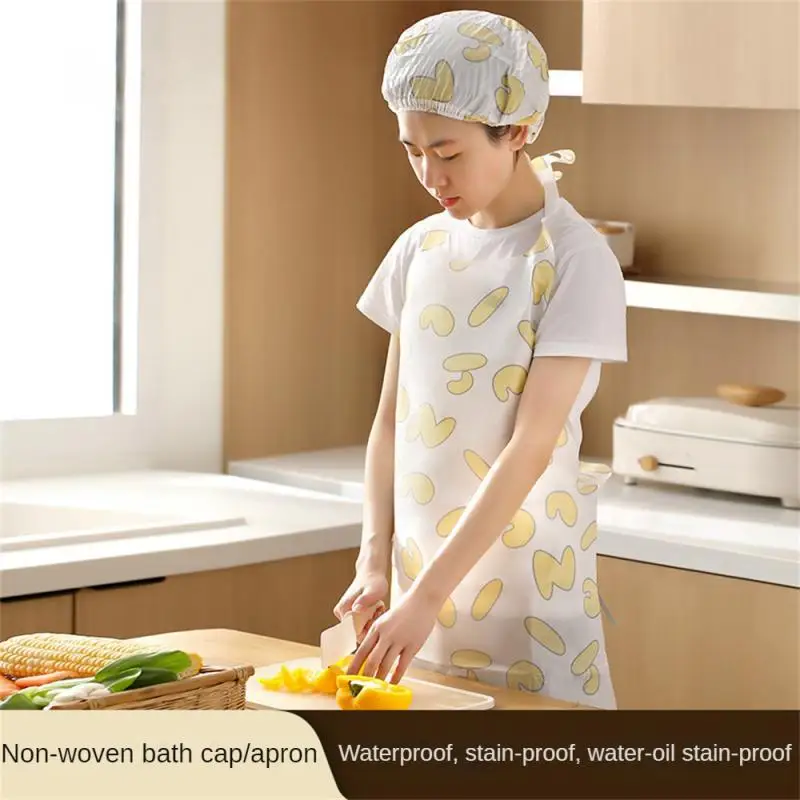 

Household Printed Non-woven Apron Dust-proof Household Cleaning Kitchen Cooking And Cooking Oil-proof Hat Bathroom Shower