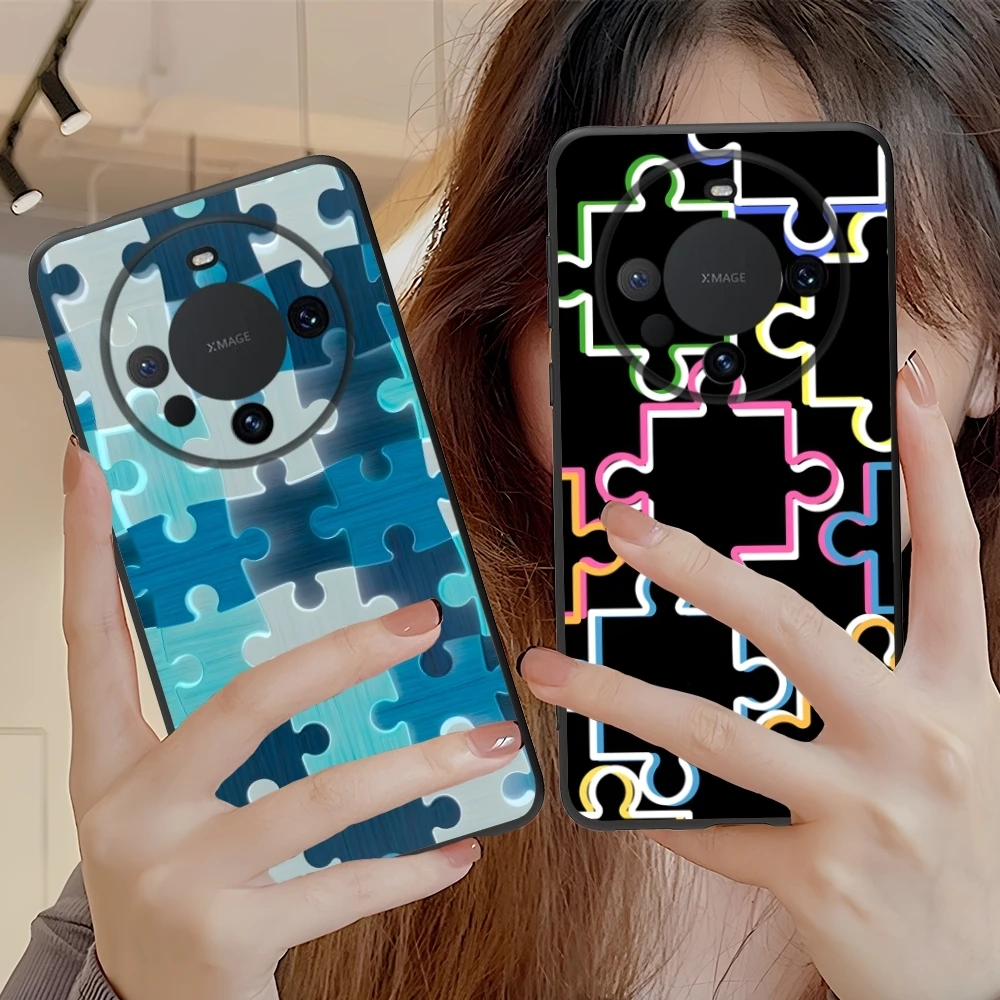 Puzzle Pretty Fashion Mobile Cell Phone Case for Huawei Mate 60 50 40 30 20 10 Pro Plus Lite E 5G Black Soft Cover Shell