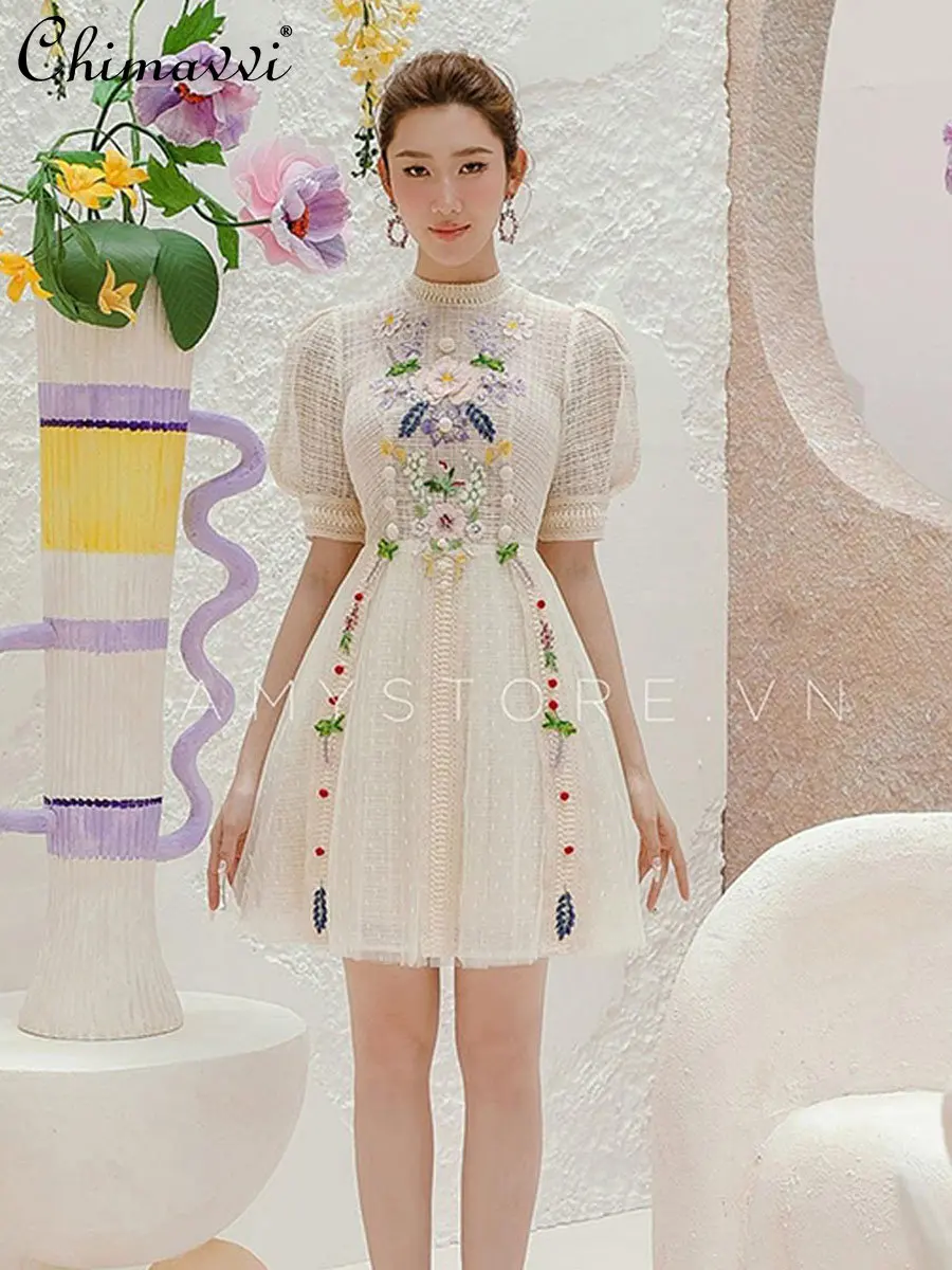 Sweet Elegant Dress for Women 2023 Spring and Summer New Fashion High Waist Slim Short Sleeve Embroidered Feminine Dress