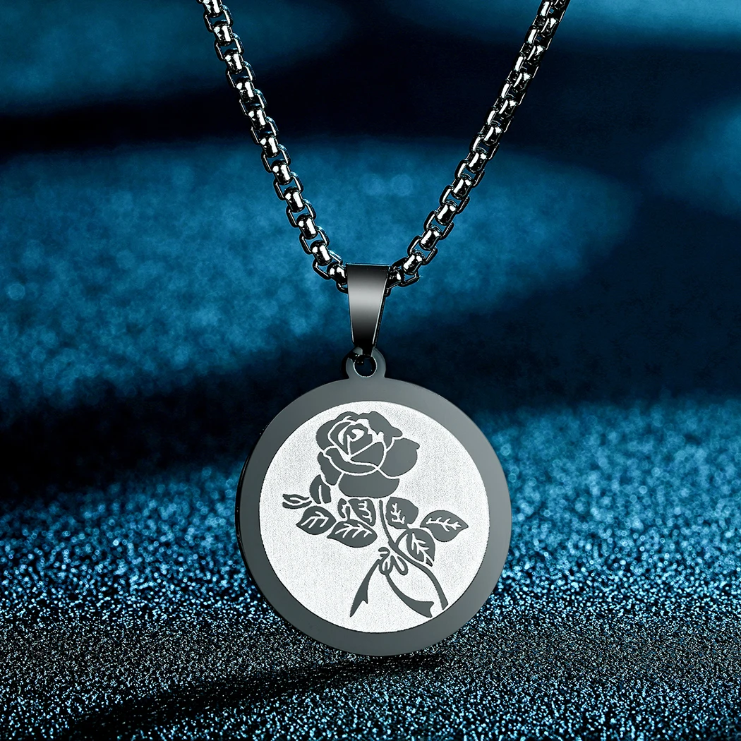 

Todorova Stainless Steel Golden Disc Engraved Rose Flower Charm Pendant Necklace For Women Beauty Flower Choker Jewelry Gift