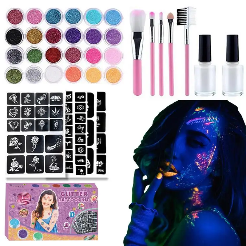 

30 Colors Diamond Glitter Temporary Tattoo Set Glitter Powder Makeup Brush Tattoo Glue Tattoo Party Face Body Art Kits For Kids