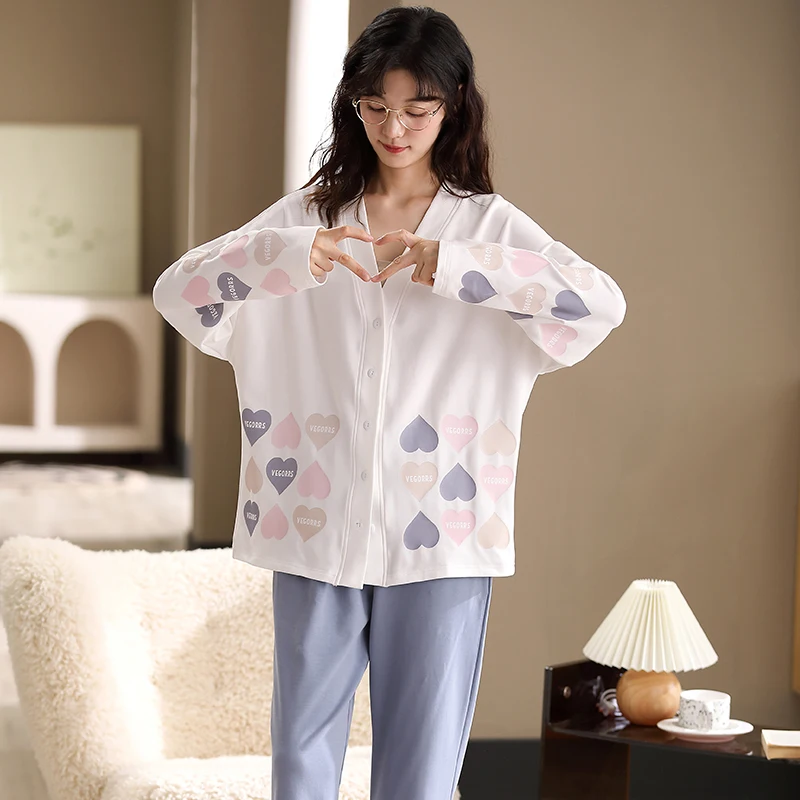 

Winter Women's 2Pieces Pajamas Set Long Sleeve Sleepwear Soft Pyjamas Home Wear Fashion Nightwear Pjs Suit For Women Cotton