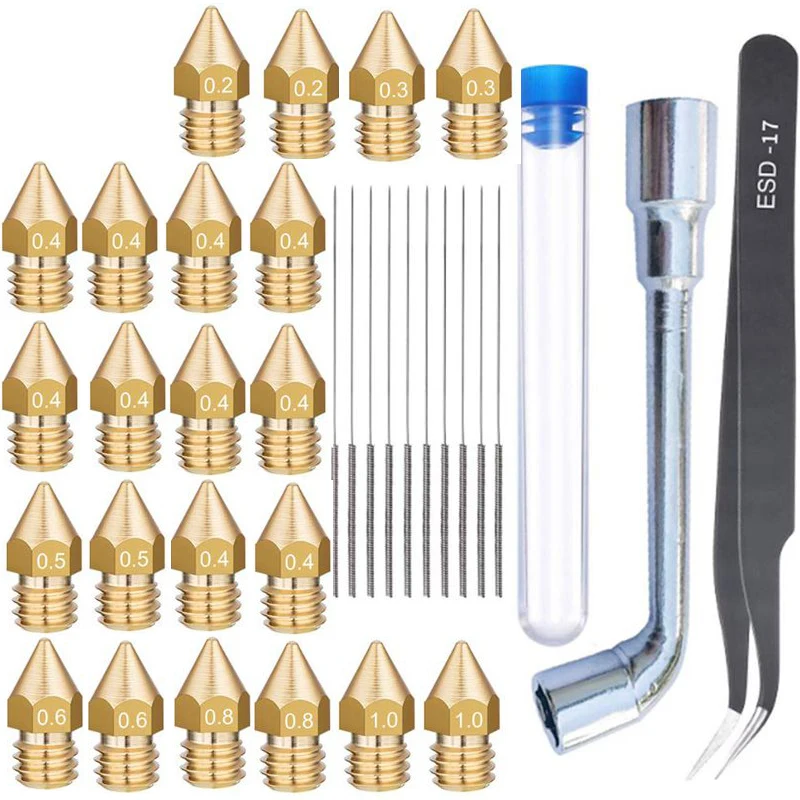

34 In 1 MK8 Nozzle 1.75mm 0.2/0.3/0.4/0.6 & Tweezers & Spanner& 0.35 Needles for Creality CR-10 10S Ender 3 5 3D Printer Parts
