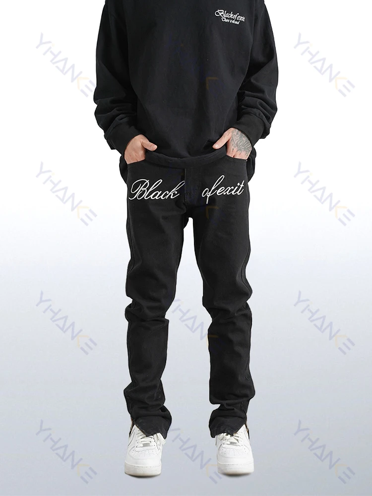 

High Street Retro Embroidered Slit Trousers Y2k Black Jeans Straight Fit Slim Pants Street Men's Luxury Clothing Men Clothing